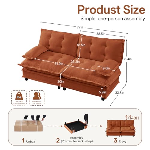 Modular Sectional Sofa, 28D High-Density Foam Cloud Couch, Chenille U-Shaped L-Shaped Sectional with Ottoman, Screw-Free Assembly, 12cm Raised Legs for Living Room (Orange, 77 inch-Straight) - Image 3