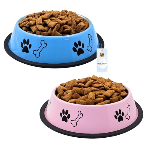 Image of Foodie Puppies Stainless Steel Dog Bowl Combo - (Medium, 700ml) Food and Water Feeding Gift Bowl | Suitable for Dogs, Cats and Other Pets I Paw Bone Print, Anti-Skid Rubber Base (Pink + Sky Blue)