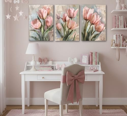 Image of 3 Pcs Vintage Pink Tulips Flowers Canvas Wall Art Retro Spring Pink and Green Floral Botanical Paintings Pictures Wall Decor Poster Print Artwork for Living Room Bedroom Home Decoration