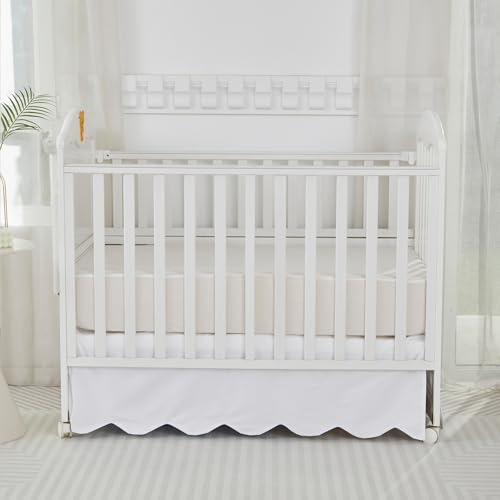 Image of Brandream Scallop Edge Cotton Crib Skirt Toddler Bedskirt Baby Nursery Crib Bed Skirt Boho BohemianNeutral Solid Color Cream Off White Farmhouse Chic Boho Bohemian Skirt