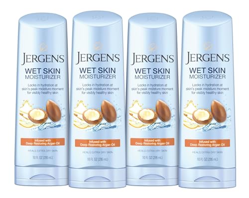 Jergens Wet Skin Body Moisturizer with Restoring Argan Oil, In Shower Lotion, Moisturizer for Dry Skin, Fast-Absorbing, Non-Sticky, 10 Ounces (Pack of 4), Dermatologist Tested (Packaging May Vary)