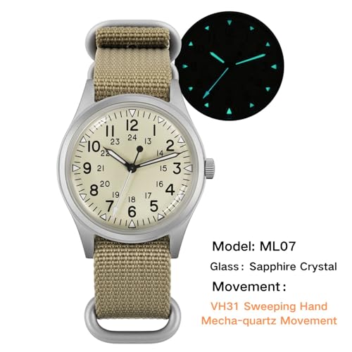 Image of Militado ML05 38mm VH31 Quartz Watch - Domed Sapphire Crystal Field Watch C3 Super Luminous Retro Sweep Wrist Watch for Men 100M Waterproof