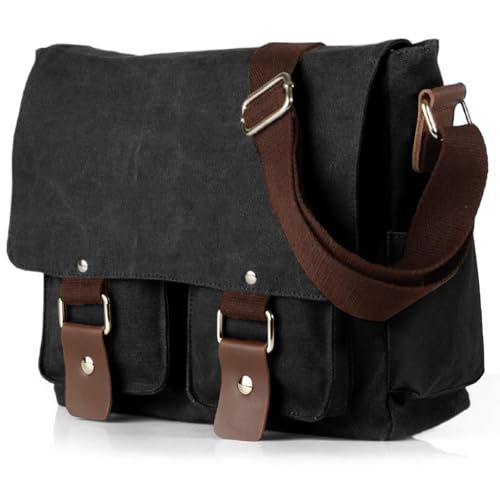 Image of flintronic Canvas Messenger Bag, Men's Cross Body, 14 inch Laptop Bag, Vintage Satchel Briefcase, with Multiple Pockets, for School Travel Outdoor Work Daily Use