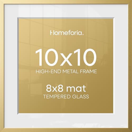 Homeforia 10x10 Gold Picture Frame, High-End Metal, 8x8 Mat, Glass