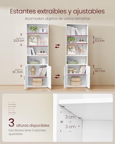 Miniatura 4 de VASAGLE Librería, Estantería Vertical de 6 Niveles, con Puertas, 24 x 60 x 175 cm, para Salón, Estudio, Oficina, Comedor, Blanco Nube LBC402W01