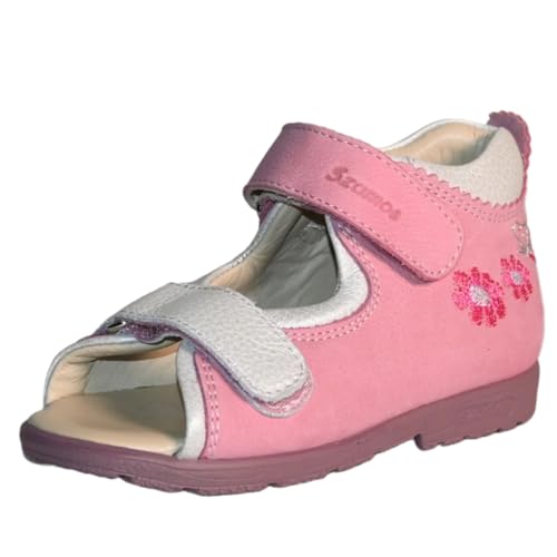 Kids Girls’ Genuine Leather Orthopedic Corrective Sandals – Arch Support Shoes for Flat Feet & Overpronation with Adjustable Hook-and-Loop Straps, Pink/White with Flowers & Butterfly Design