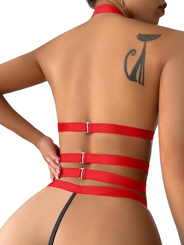 Image of Foxiny Sexy Halter Heart Ring Cutout Chain Floral Lace Sheer Garter Belt Lingerie Set 3 Piece