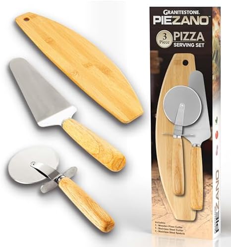 Granitestone Piezano Pizza Oven 3 Pc Accessories Kit - Comes with Pizza Cutter Wheel, Sering Spatula, and Wooden Pizza Slicer, 3 Pc Pizza Oven Accessories Kit
