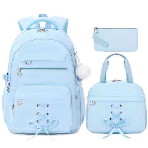 GeeWin Backpacks for Girls Girls Backpack with Lunch Box & Pencil Case Set 17 Inch Waterproof Bookbag with a Detachable Chain for Kids Teens Elementary Middle High College School Student (Blue)