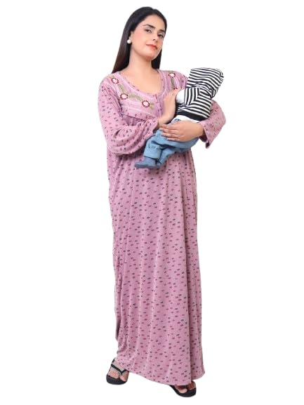 Women's Baby Feeding Printed Full Sleeves Maternity Nighty with Both Side Chain Nightdress Maxi | Size-X-Large, V Shaped Neck (Article-FD-039B) Purple-picture-30
