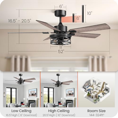 Image of 52 Inch Farmhouse Ceiling Fan with Lights and Remote, Timer, Dual Finish 5 Blades (Gray Oak and Black), 6 Speeds, Reversible DC Motor, Rustic & Industrial Caged Ceiling Fan for Bedroom HB01CF05