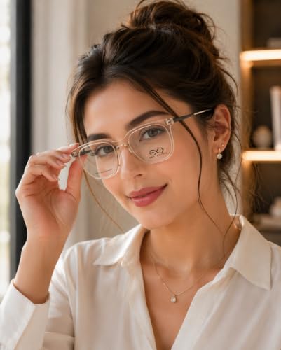 Image of Soft Square Optical Eyeglass Frame for Men & Women, Front with Metal Temples, Clear Demo Lenses, Lightweight Mixed Material Frame, Ribbed Temple Design for Prescription Lens Replacement