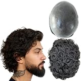 Toupet für Männer, Echthaar Perücken, Herren Toupet mit weichem PU-Haar, 10mm gewellte Herrenperücke Toupet Haar,10" x 8 (#1B Off Black)