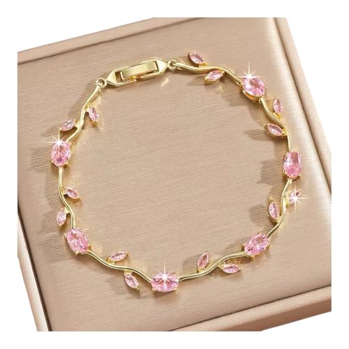 Image of Inites Fairy Bloom Floral Tulip Bracelet With Pink Crystal Stones For Girls & Women | Elegant Anti Tarnish Golden Chain Link Floral Branches Bracelet Lightweight Jewelry For Daily Wear & Gifts