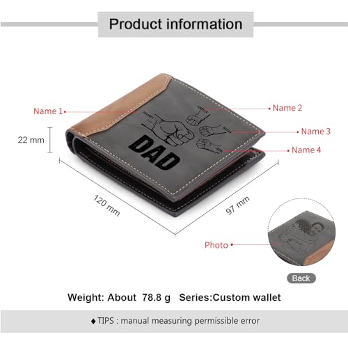 Fathers Day Dad Gifts Personalized Photo Wallet for Men Kids Fist Bump Mens Engraved Leather Wallet Grandpa Husband Birthday Gift from Daugther Son (4 Names)2