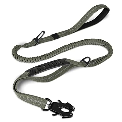 Joytale Laisse élastique Chien Anti-Traction 1.2m-1.8m 2 Poignées Rembourrées Réfléchissante Ceinture de Sécurité Voiture pour Les Chiens de Taille Moyenne, Grande, X-Grand, Vert armée