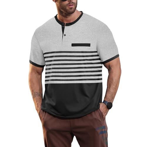 Mens T-Shirts Short Sleeve Button Casual Stylish Basic Tees Work Striped Shirts Henley Summer Lightweight Stretch Top2