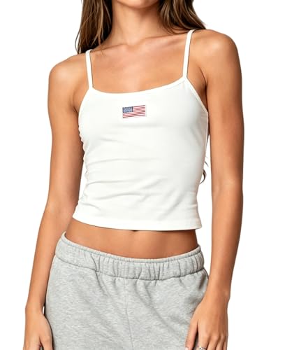 Women Y2k Graphic Cami Tops Spaghetti Strap Summer Going Out Crop Top American Flag Sleeveless Backless Basic Tank Tops(USA White S)