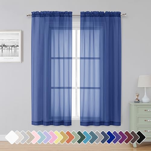 Image of Simplebrand Royal Blue Sheer Curtains 63 Inch Length 2 Panels, Rod Pocket Solid Color Window Sheer Curtain Panels, Elegant Curtains & Drapes for Living Room, Bedroom (Royal Blue, 42 inch W x 63 inch L)