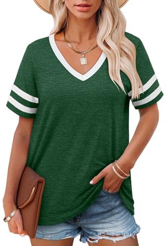Angerella Short Sleeve Color Block Tops for Women Striped V Neck Football Jersey Shirts Green XL