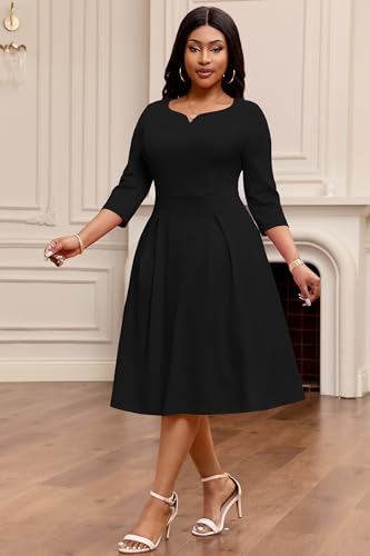 Image of Nmoder Fit-and-Flare Midi Dress V-Notch Neck Casual Dress Side Pockets | V-notch neckline;A-line swing silhouette; Soft breathable fabric; Perfect for church wedding guest work daily wear
