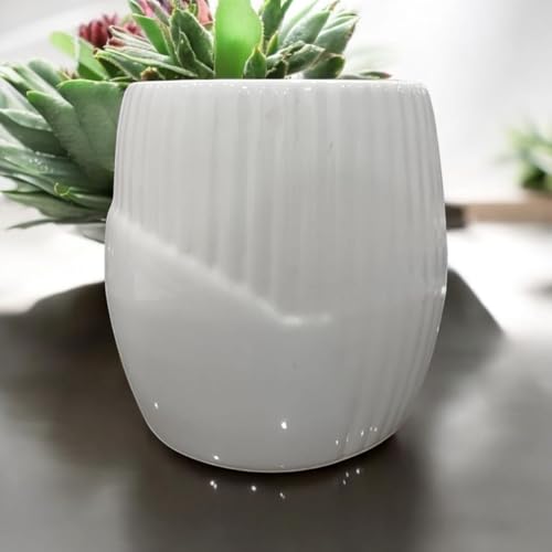 Image of Ceramic Planter Pot with Spiral Design, 17.78cm Height, White Planter Vase for Indoor Plants, Living Room Office Gardens (7 inch) Round (Round Lining)