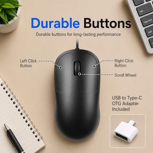 Image of Ant Globe 18 Wired Optical Mouse, USB Type C Computer Mouse with Adjustable 1600 DPI Sensor, Ergonomic Lightweight Corded Office Mouse with 1.2m Cable for Laptop, PC, Desktop,Windows,Mac &Linux, Black
