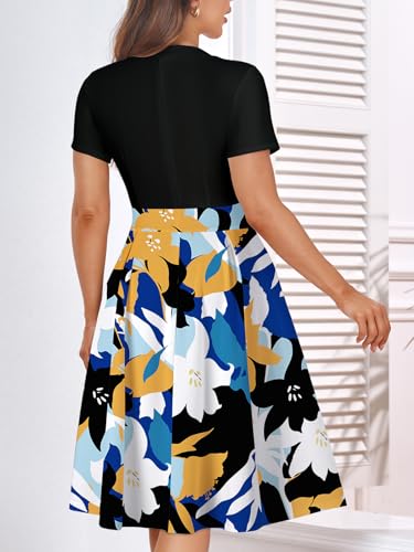 Image of YATHON Womens Elegant Print Notched Neck Slant Pocket Pleated Hem Casual A-Line Dress