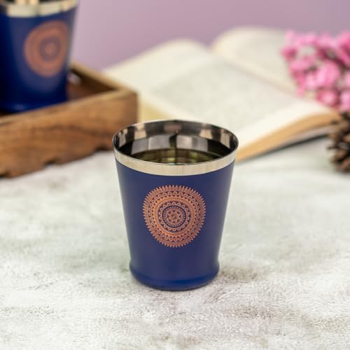 Image of JISCOVERY Stainless Steel Printed Glasses Set of 6 for Water, Milk, Lassi & Juice| Serving Glass Set| Designer Glass Tumblers| Capacity- 300 ML (Each) (Blue, Bucket)