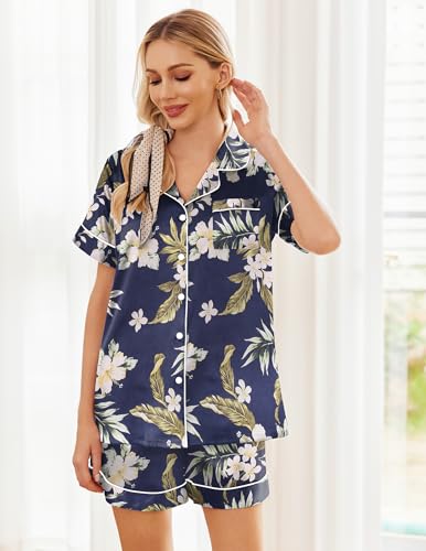 Image of Ekouaer Womens Silk Satin Pajama Sets Summer Short Sleeve Button Down Sleepwear Top and Shorts 2 Piece Pjs Lounge Set,Floral Navy White,L
