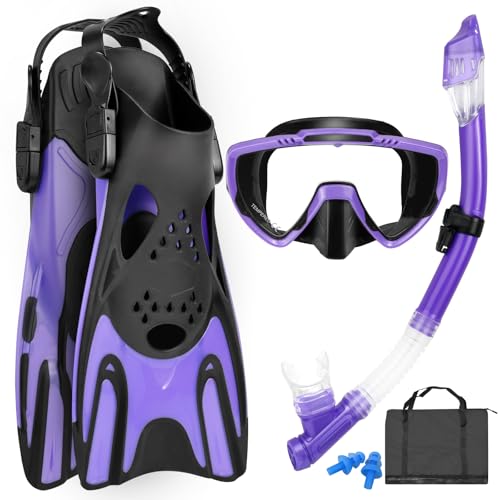 Snorkeling Gear for Adults, Mask Fins Snorkel Set, Panoramic View Diving Mask Anti-Fog, Anti-Leak, Dry Top Snorkel and Dive Flippers with Travel Bag for Snorkeling Swimming