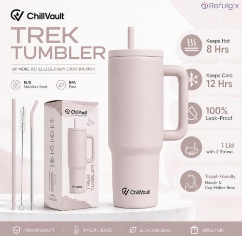 Image of REFULGIX ChillVault 1200ml Stainless Steel Tumbler | Double-Wall Insulated Travel Mug with Handle, 2 Straws & Leak-Proof Lid | Keeps Drinks Hot & Cold | Creamstone