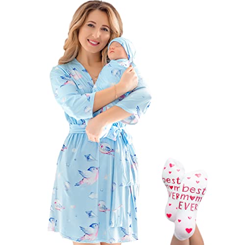 Image of ECO BABY Mommy and Me Robe and Swaddle Set | Maternity Robe and Matching Baby Set for Girl, Boy | Hospital Labor and Delivery