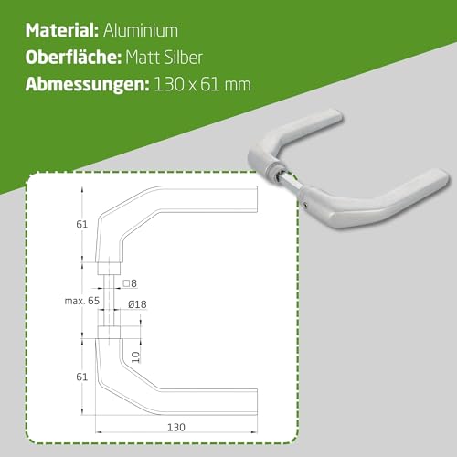 Amig - Türgriffgarnitur ohne Rosette aus Aluminium, matt silberfarben - 130 x 61 mm - Mod. 2113-8 mm Vierkant - Für Türen von 35 bis 65 mm