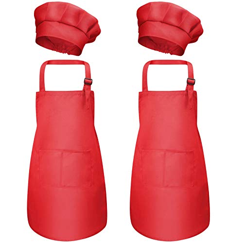 4 Piezas Rojo Niños Delantal y Gorro de Cocinero, Ajustable Infantil Delantales con Bolsillos para Niñas, Niñito Delantal de Chef Cocina para Cocinar Hornear Pintura Artesanía (M para 3-6 Años)