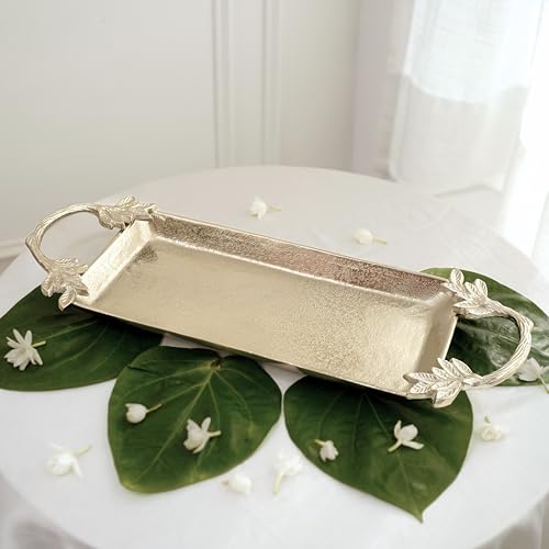 Image of BEHOMA Aluminium Silver Serve Tray with Leaf Handle, 16.7 inch | Silver aluminium serve tray with leaf handle, 16.7 inch; perfect Durga Puja & Navratri serveware.