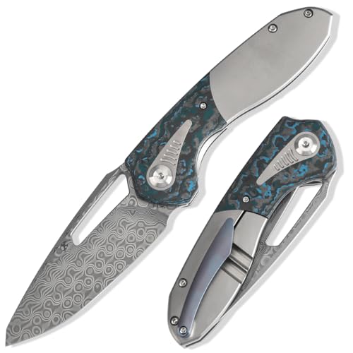 KANSEPT Thoth Camping Pocket Knives for Men 8.05in Folding Pocket Knives with 3.43in Damascus Material and Bead Blasted Titanium + Arctic Storm Fatcarbon Handle for Outdoor,Tactical,Survival K1075A2