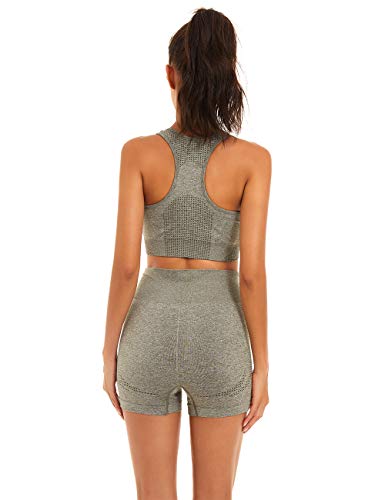 Toplook Women Seamless Yoga Workout Set 2 Piece Outfits Gym Shorts Sports Bra (Khaki Green, Medium)
