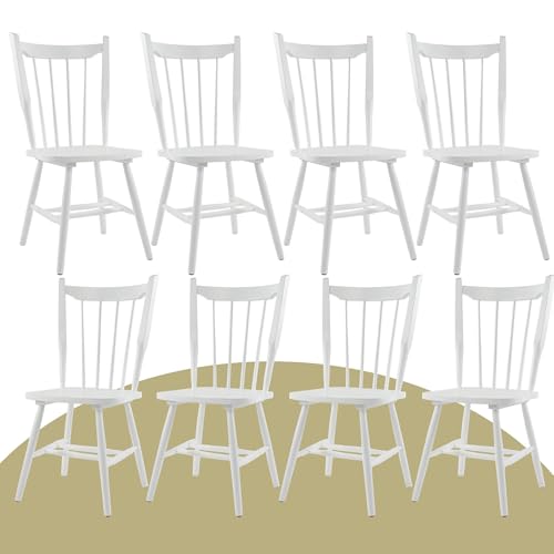 White Wooden Dining Chairs Set of 8, Windsor Dining Chairs with Spindle High Back & Solid Wood Legs, Farmhouse Vintage Kitchen Chair for Dining Room/Restaurant, Armless