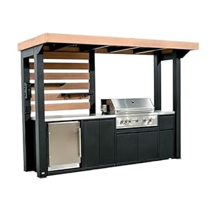 Backyard discovery fusion flame galvanized steel covered outdoor kitchen with 5 burner stainless steel grill pizza oven refrigerator countertop storage steel roof for all season outdoor cooking  urban country home decor