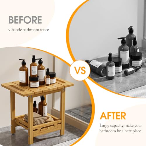 Highpro Bamboo Shower Bench, Shower Benches for Inside Shower with Storage Shelf for Shaving Legs Spa Bathroom, Waterproof Wood Shower Stool Seat Chair for Adults Seniors Women, Non-Slip and Handles - Thumbnail 4