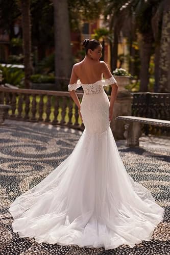 Zeeyecie Off Shoulder Tulle Wedding Dresses Mermaid Lace Applique V-Neck Sparkly Bridal Gowns with Train for Brides2
