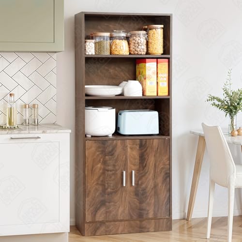 Image of ABOUT SPACE 5 ft Kitchen Cabinet - 5 Tier Wooden Storage Cabinet with 3 Open Shelves & 2 Magnetic Door Crockery Cabinets, Easy to Assemble for Home Living Room (Walnut - L 57 x B 25.5 x H 158 cm)