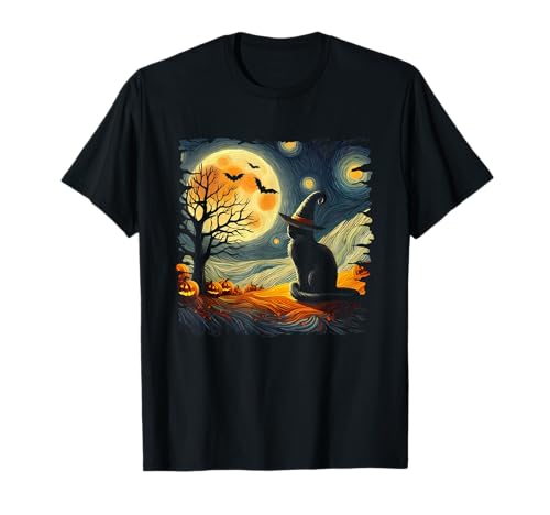 Vintage Scary halloween black cat Van gogh Starry Night Moon Camiseta