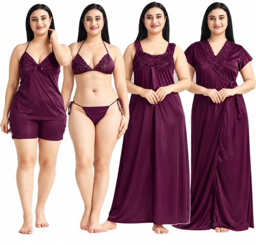 Image of Satin 6 Piece Nightwear Set, Coral Pink Lace Trim Sleepwear with Robe, Nighty, Top, Shorts, Lingerie Set for Women, Summer Collection-Mehndi Green.