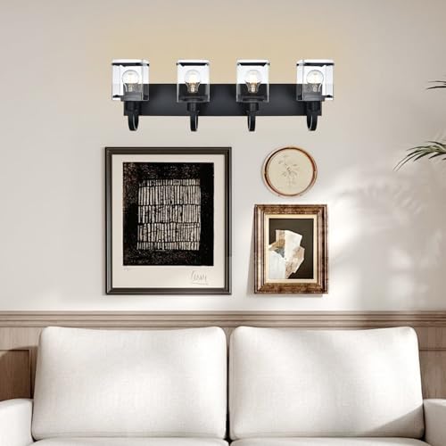 Image of Black Vanity Light Bathroom Lighting Fixtures 4 Light Sconces Wall Lighting Mid Century Rustic Vanity Lights with with Glass Shade Porch Cage Wall Lamp for Mirror, Living Room, Bedroom
