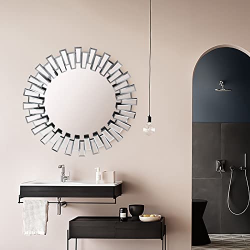 BST FURNH Espejo redondo para decoración de pared de 24 pulgadas, espejo de pared decorativo con marco irregular y bordes biselados para pared, espejo de pared grande plateado, espejos sin marco