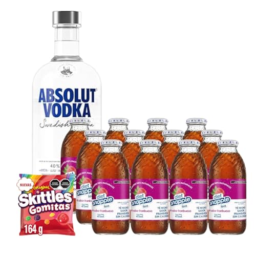 Absolut Vodka Original+SNAPPLE, Diet Frambuesa 473 ml, Botella de Vidrio, 12 piezas+Skittles Gomitas Sabor Original, 164g, 1