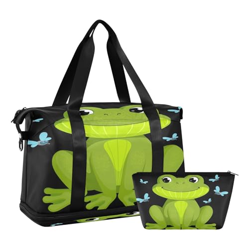 ALAZA Funny Frog Travel Duffel Bag for Women Men Sports Gym Bag with Shoe Compartment Tote Weekender Overnight Bags with Wet Pocket for Travel, Gym,Yoga,Swimming