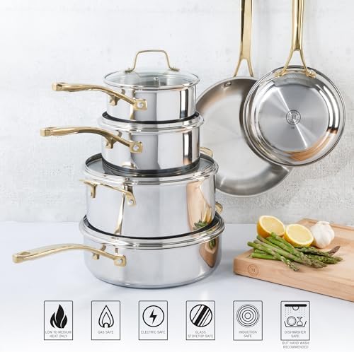 Martha Stewart Castelle 10 Piece 18/8 Durable Stainless Steel Induction Safe Pots and Pans Non-Toxic Kitchen Cookware Set - Gold Handles - Dishwasher Safe - Thumbnail 2